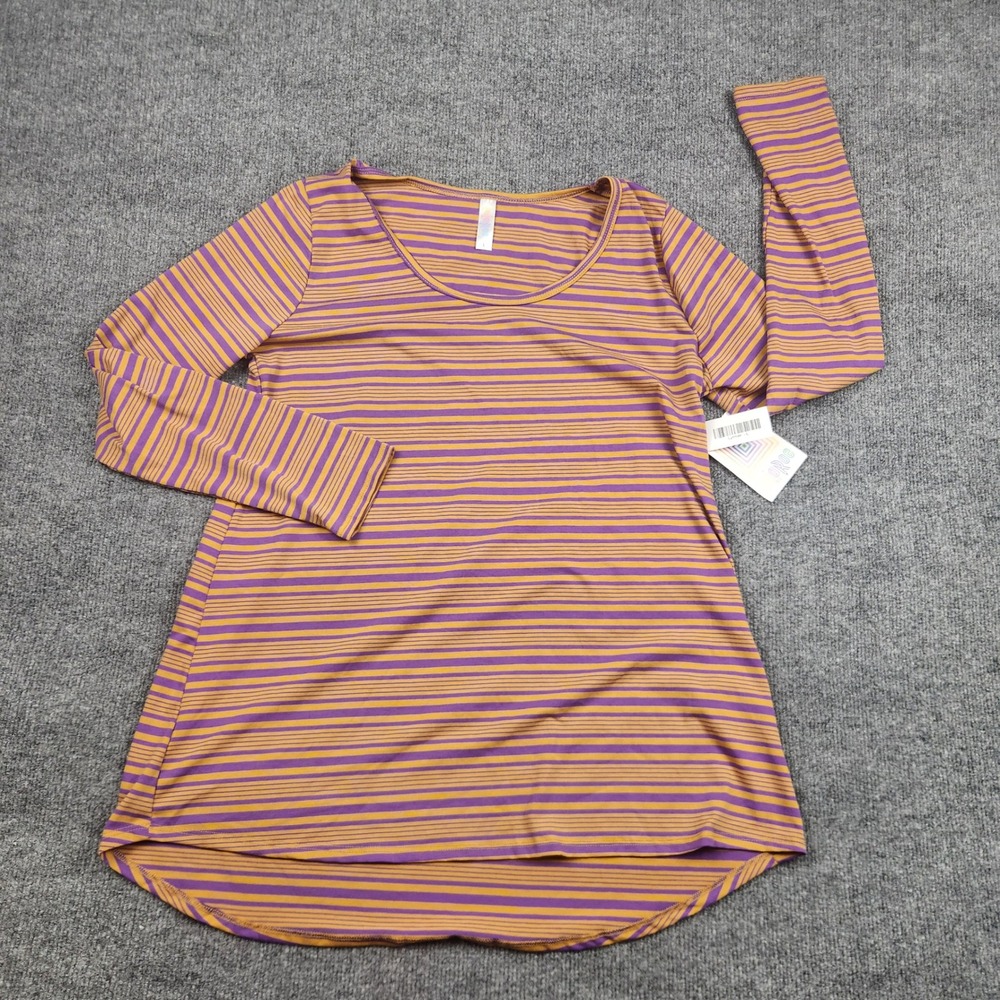 LuLaRoe Lynnae Top Womens Large Purple Mustard Yellow Striped Long Sleeve Scoop